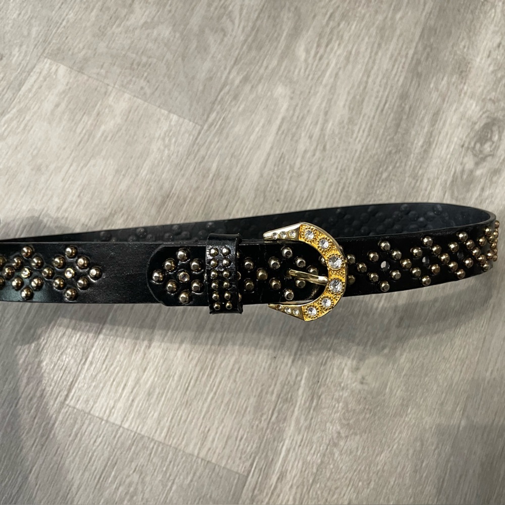 Studded Black & Gold Leather Belt Crystal Buckle Western Casual